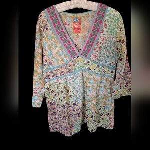 Johnny Was M 100% Cotton Floral Patchwork Embroidered Baby Doll Shirt Top New